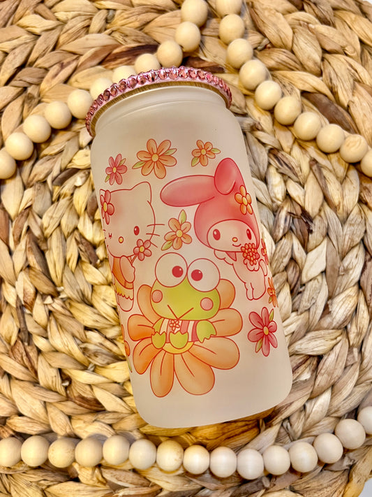 Floral Kawaii Kitty and Friends Glass Can